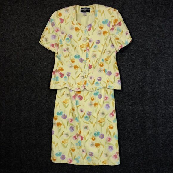 Floral Skirt Set Womens 12 Herbert Grossman by Cynthia Sobel VTG 2 Pc Suit S/SL - Picture 1 of 16